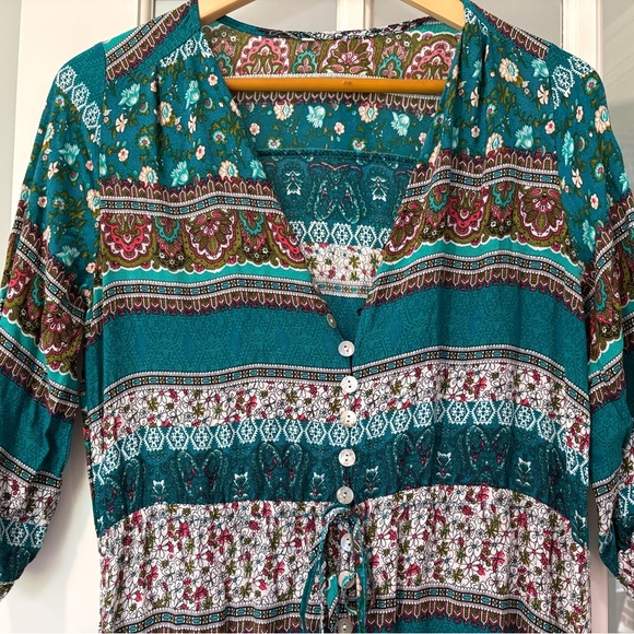 Boho Teal Patterned Button-Down Midi Dress | M - Picture 3 of 7
